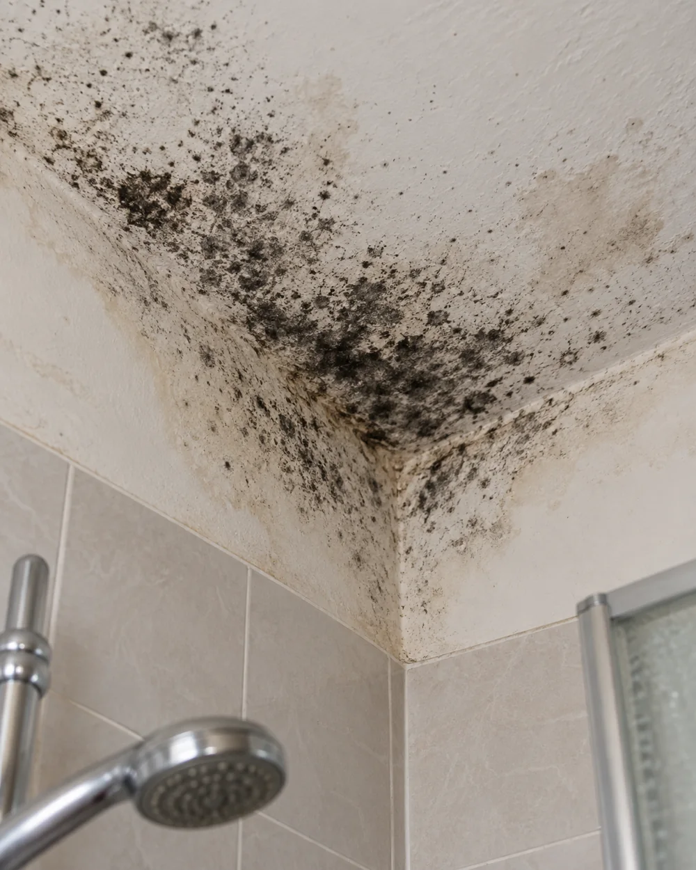 Black mould across the ceiling corner above a shower