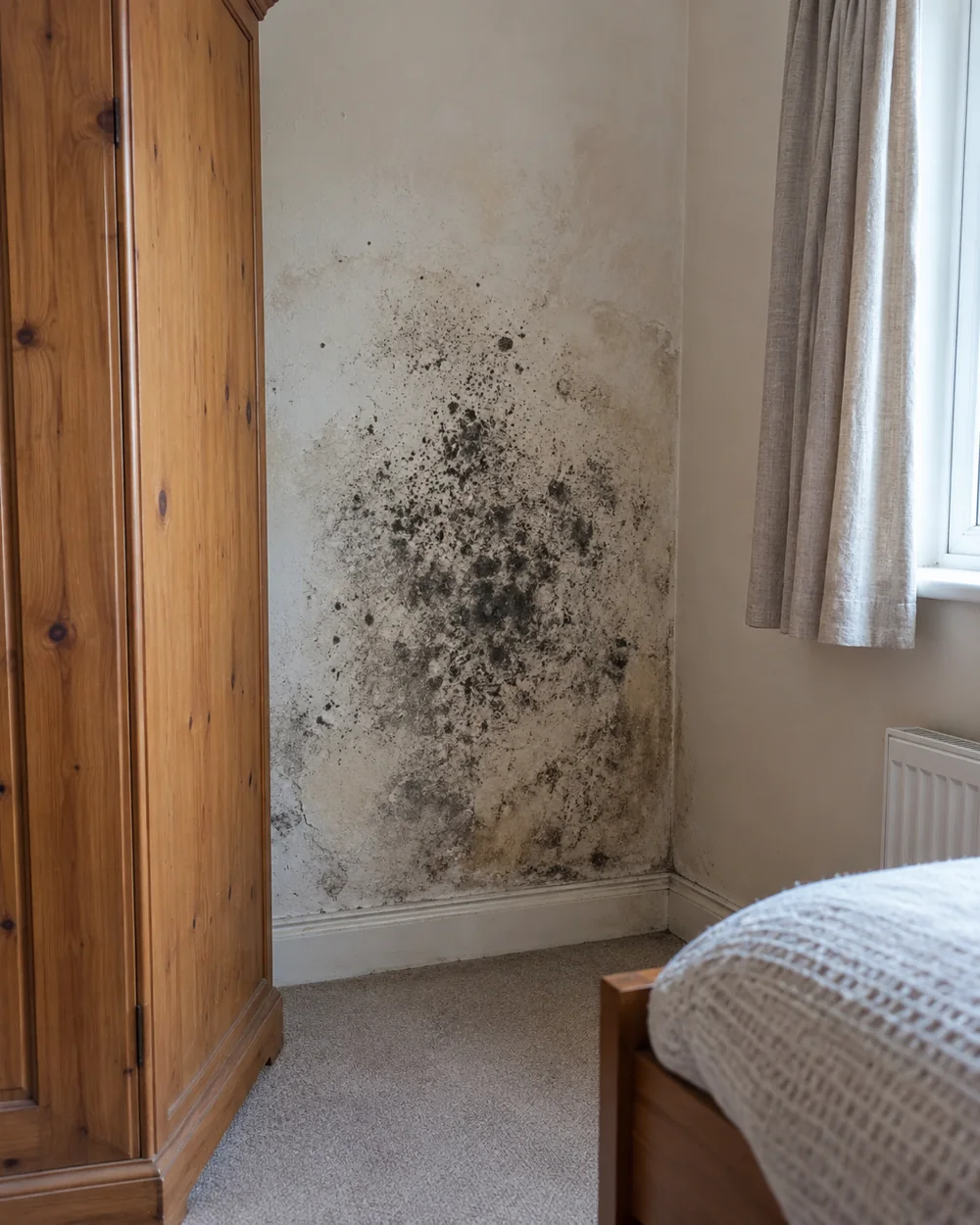 Mould revealed on a bedroom wall behind a wardrobe