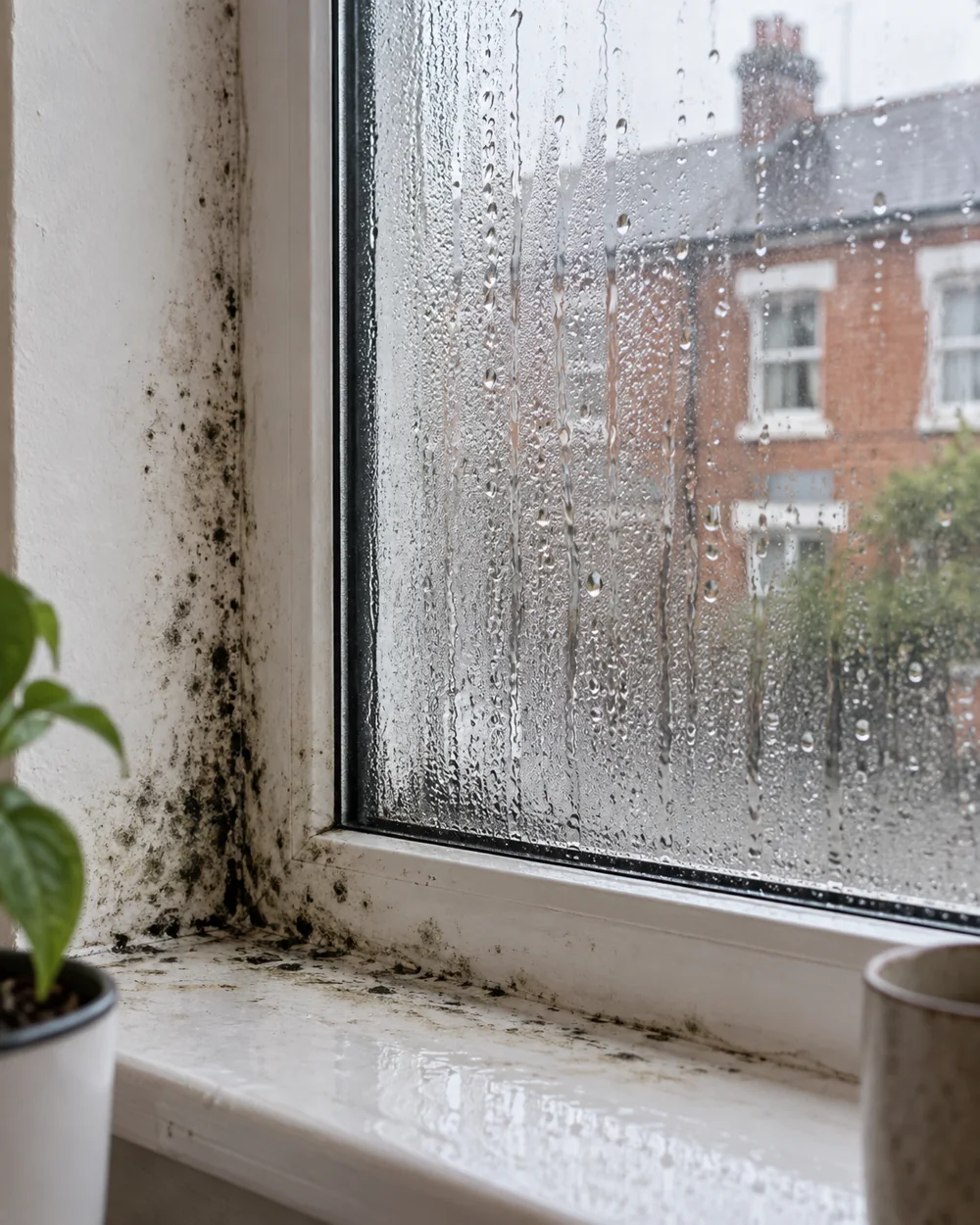 Condensation droplets and black mould around a wet window sill