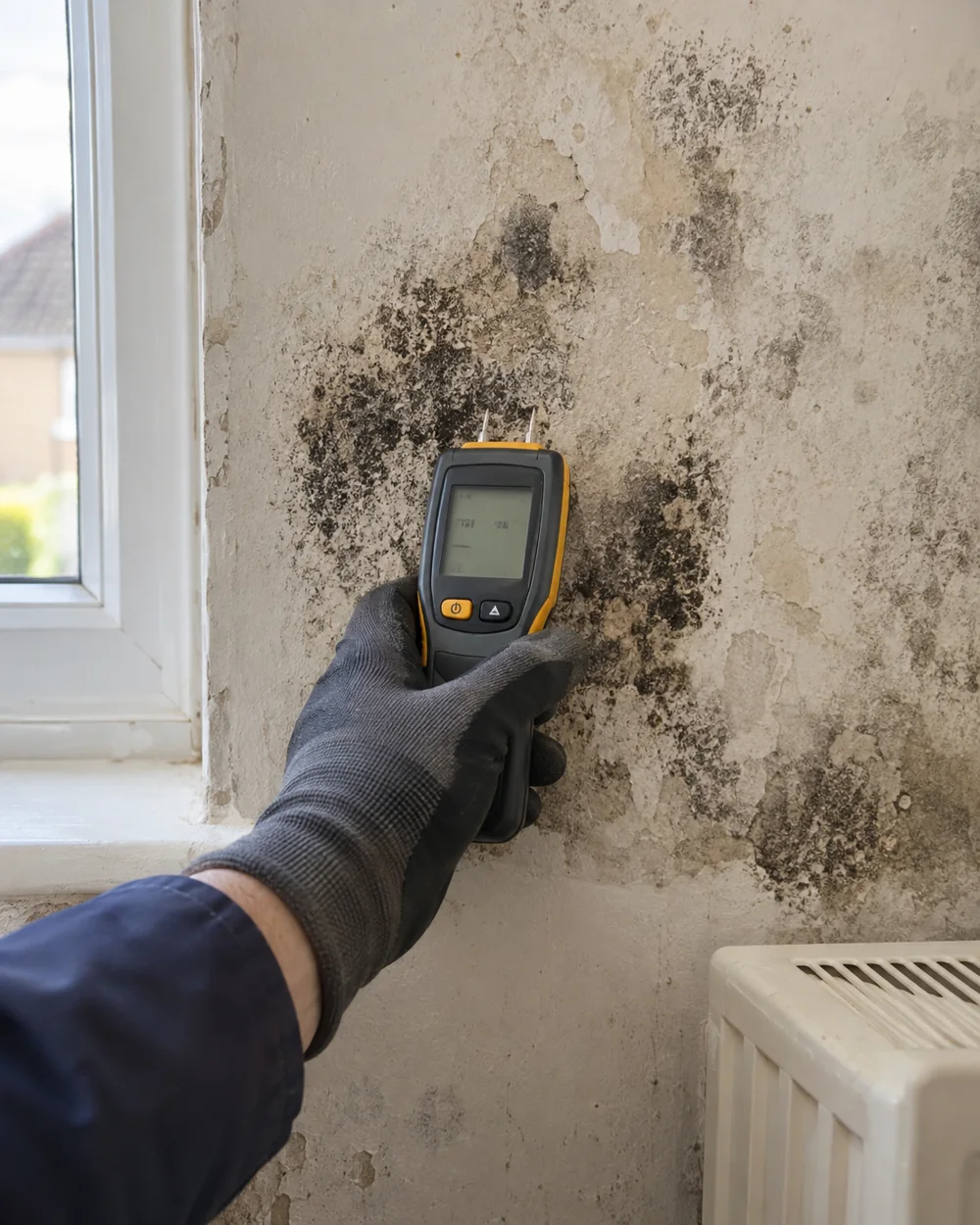 Moisture meter held against visibly damp and mould-affected plaster