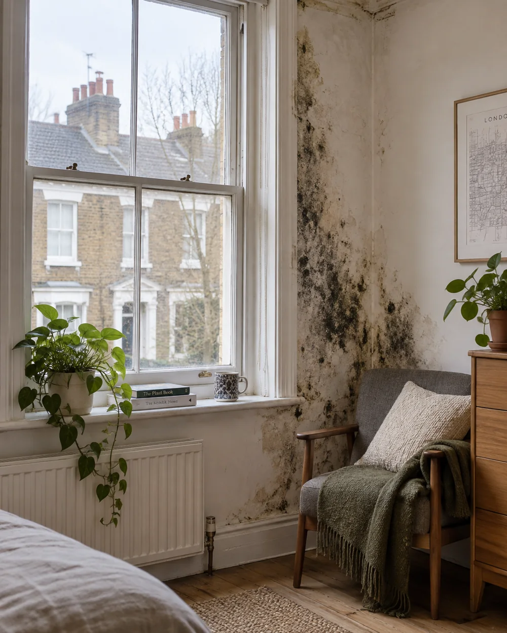 Illustrative London flat with black mould beside the window