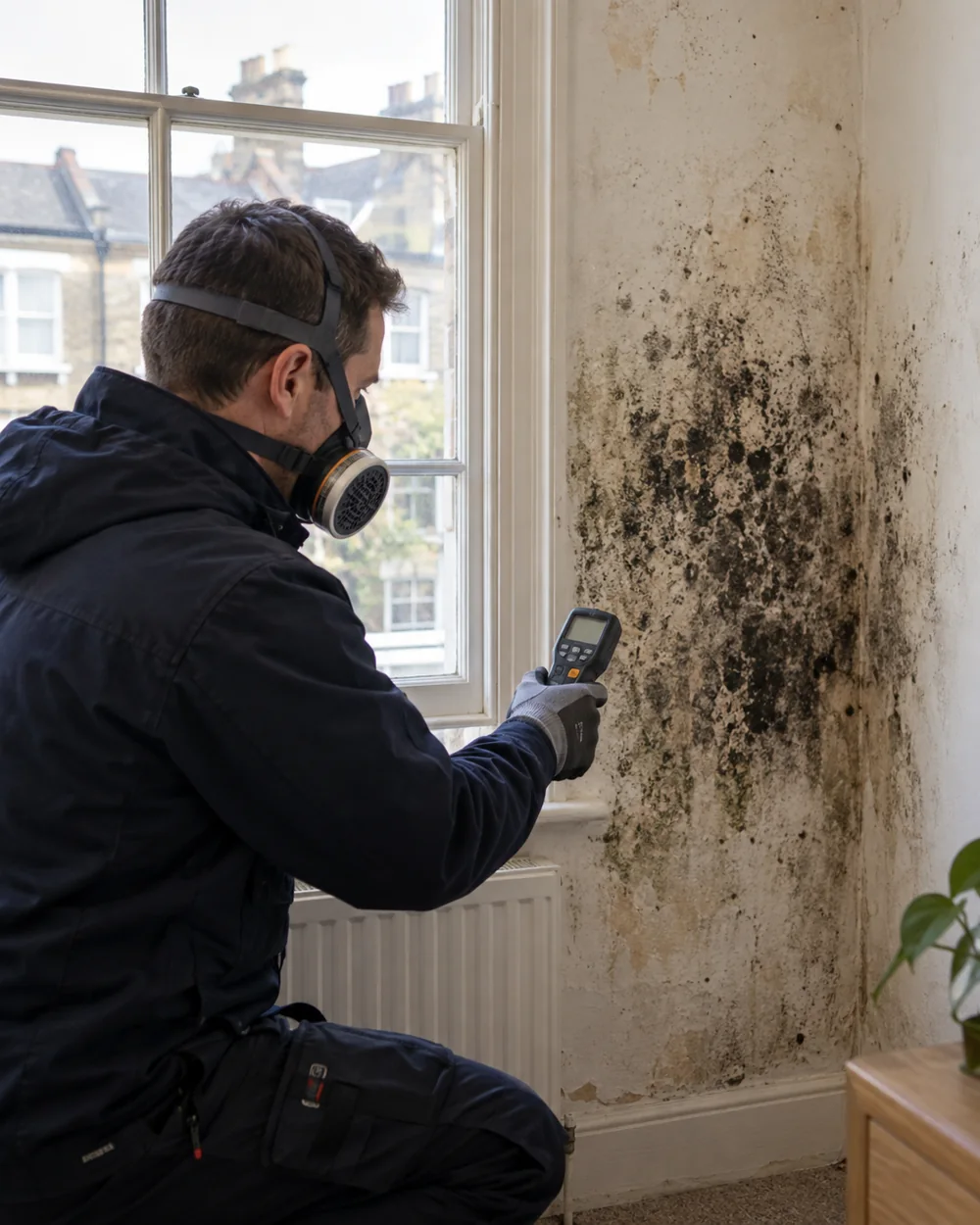 Illustrative technician inspecting black mould beside a sash window