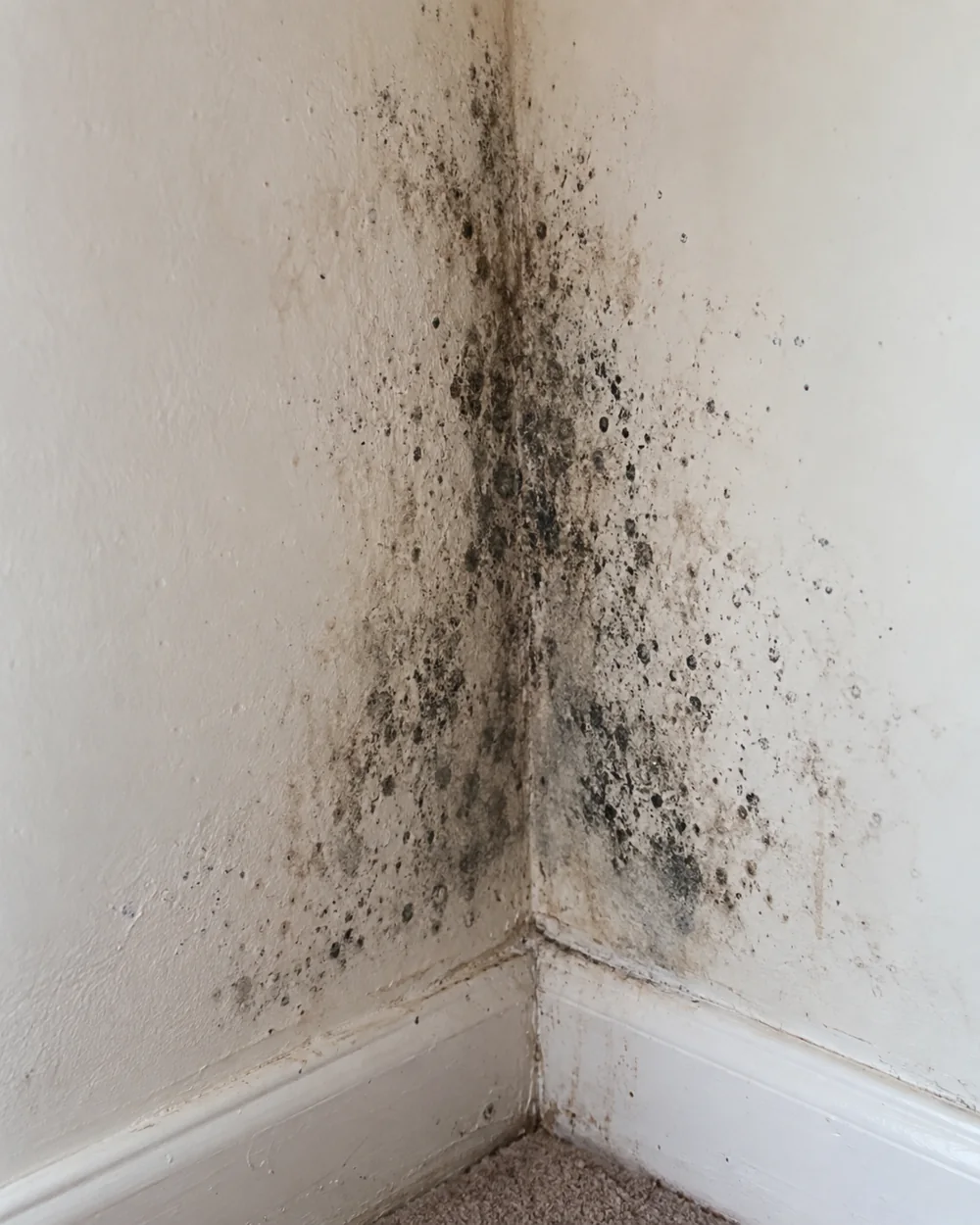 Black mould clustered in the corner of a bedroom wall
