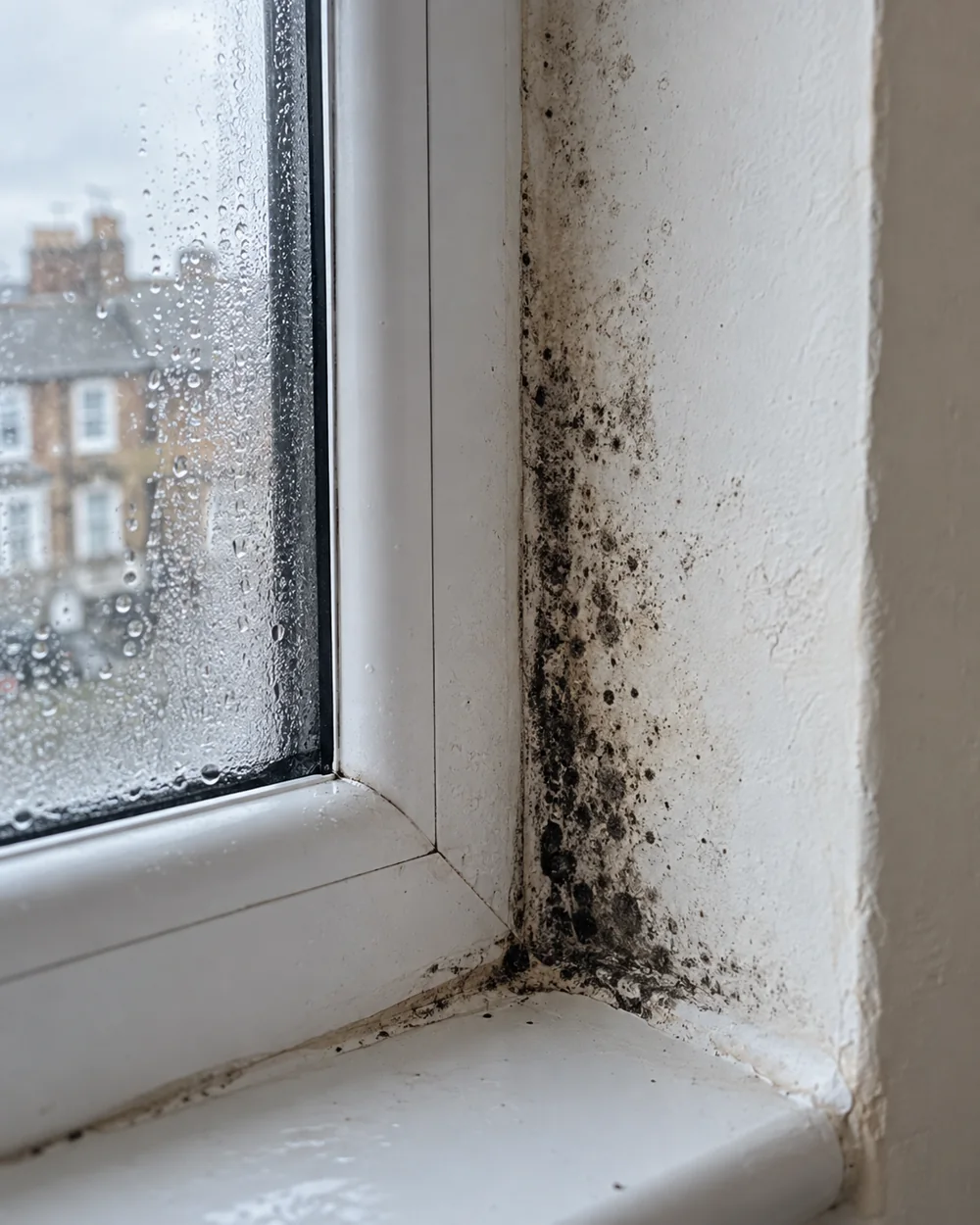 Black mould on a window reveal beside condensation on glass